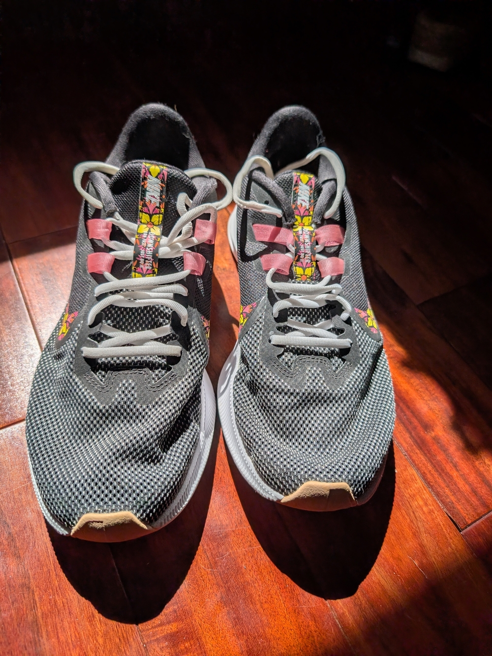 Nike Women's Downshifter Black Running Shoes With Pink and Yellow Floral Accents